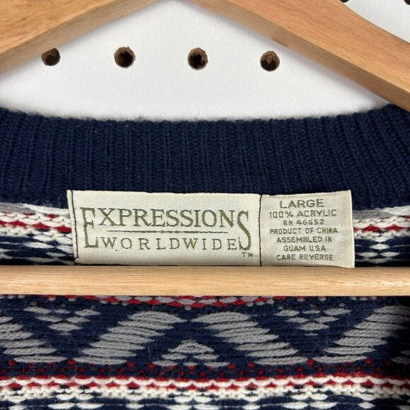 Expressions Northern Isle Cardigan‎ Knit Sweater Large Blue Red Cream Cosby 90s - Picture 5 of 6